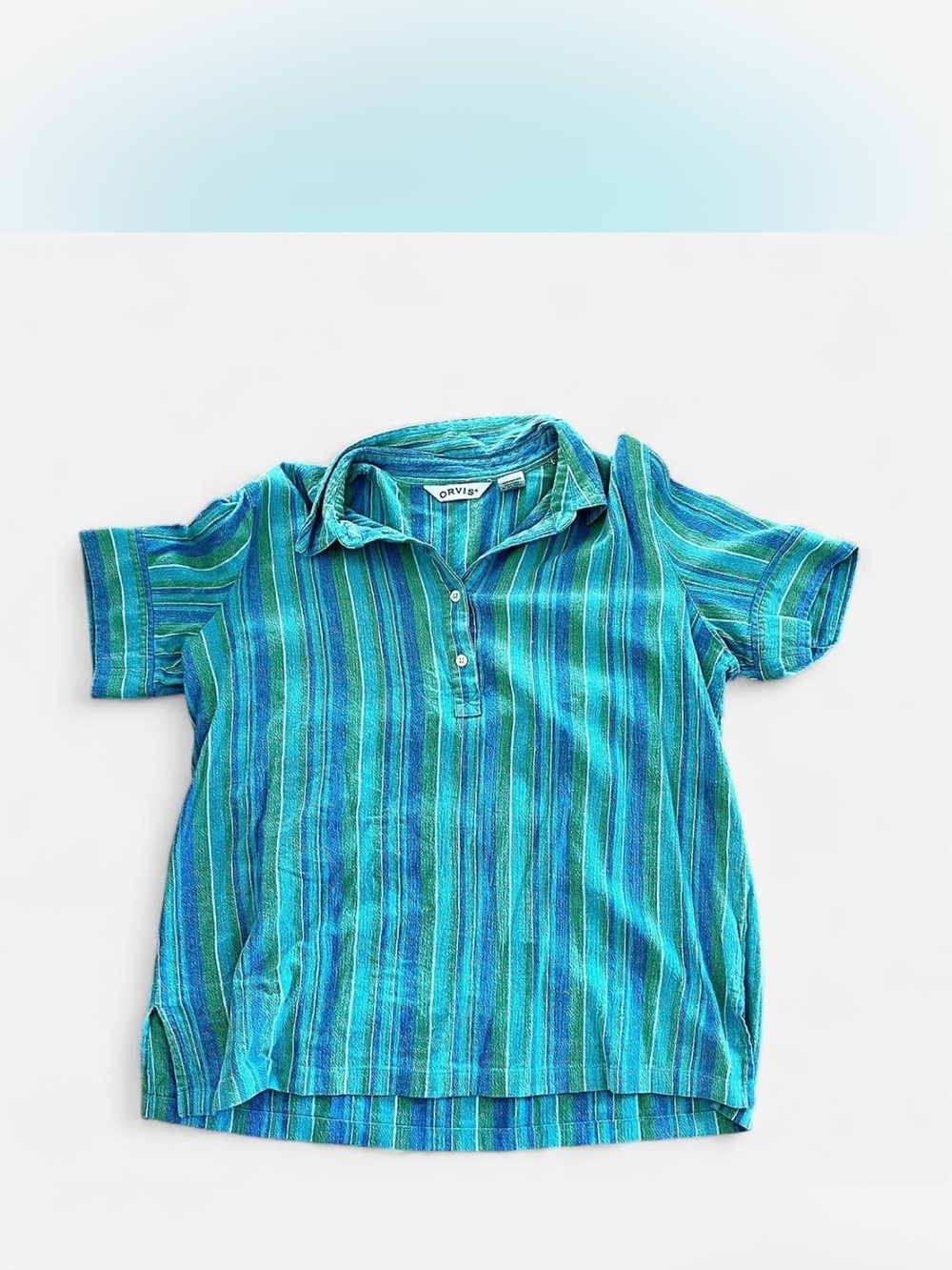 Orvis Mens’ Teal and Blue Striped Polo